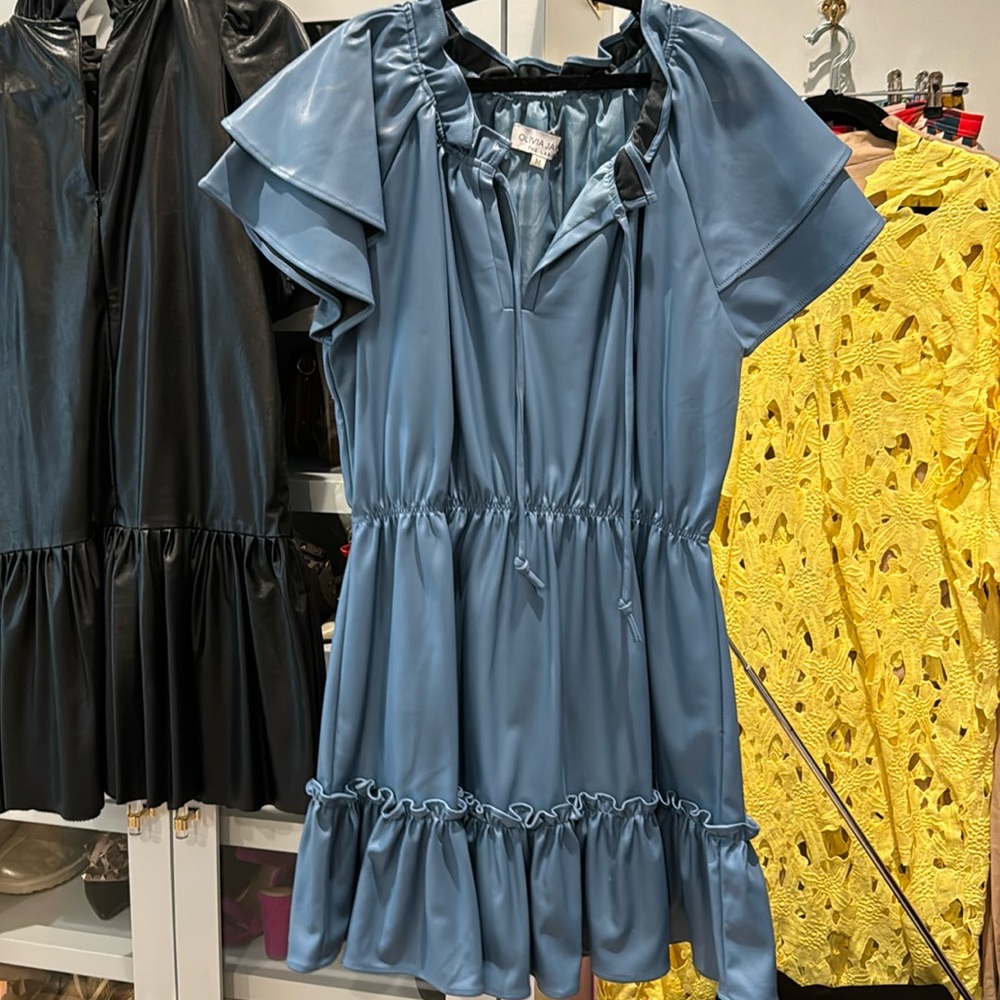 Olivia James The Label faux Leather blue dress, size m